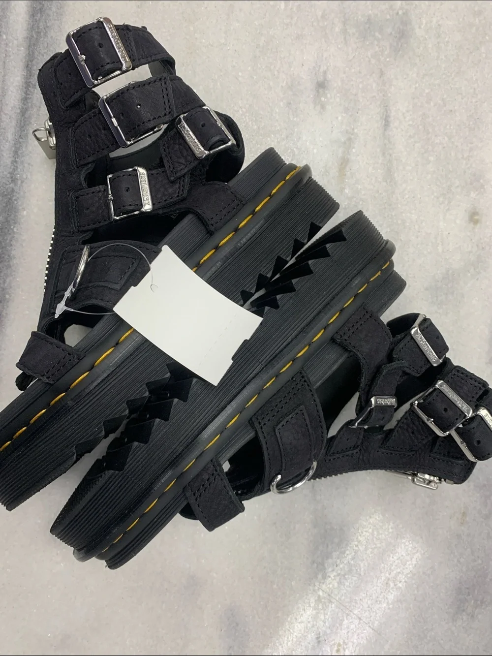 Dr. Martens Black Leather Gladiator Sandals with Yellow Stitching