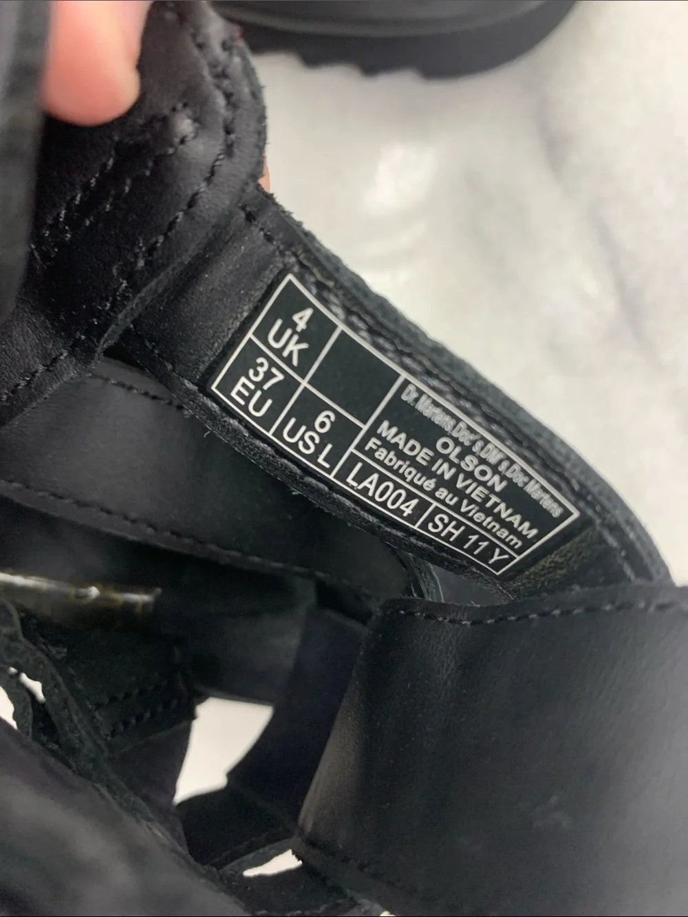 Dr. Martens Black Leather Gladiator Sandals with Yellow Stitching