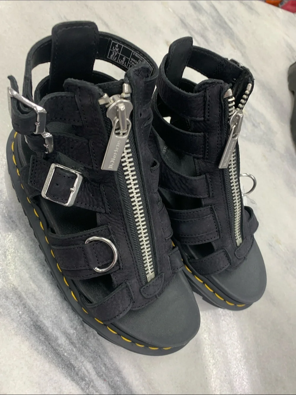 Dr. Martens Black Leather Gladiator Sandals with Yellow Stitching