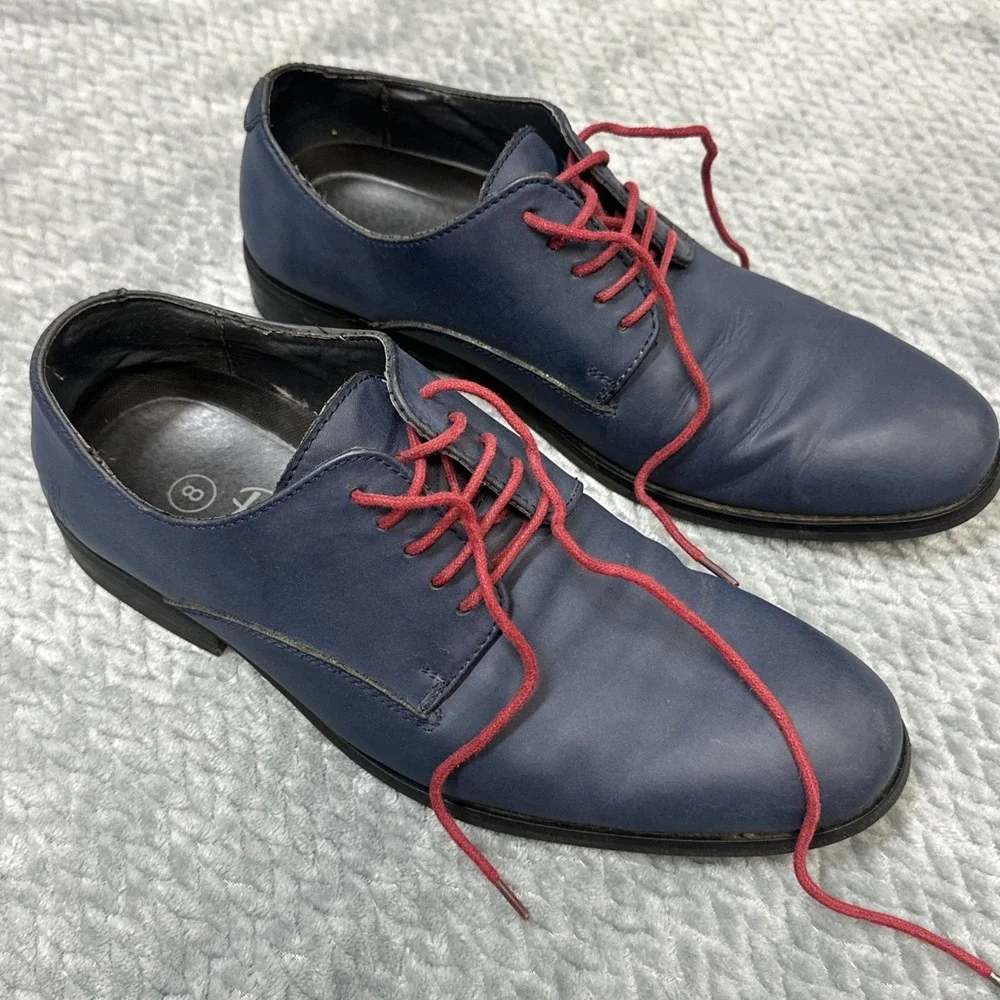 Penguin Bryan by Munsingwear Shoes Men's 8 Blue Leather Oxford Red Laces Dress‎