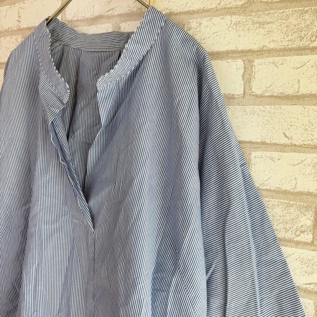 GU Oversized Stripe Skipper Shirt, 3/4 Sleeve, Light Blue, M