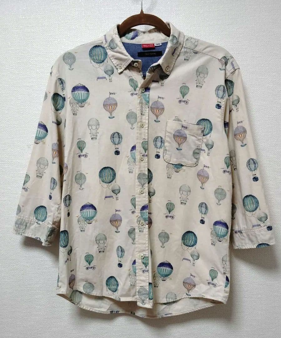 Seven-Sleeve Ecru Hot Air Balloon Print Cotton Shirt ①