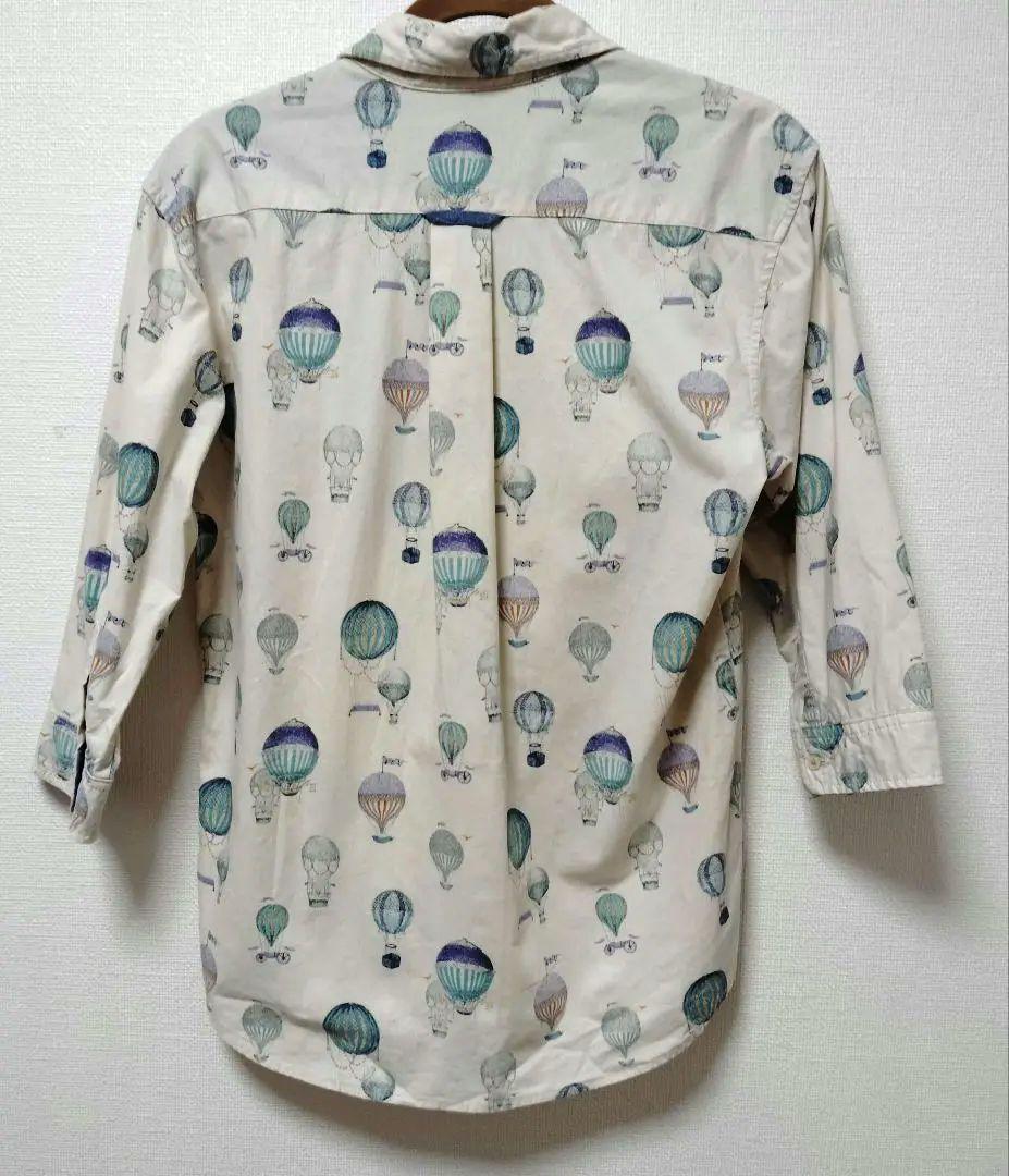 Seven-Sleeve Ecru Hot Air Balloon Print Cotton Shirt ①