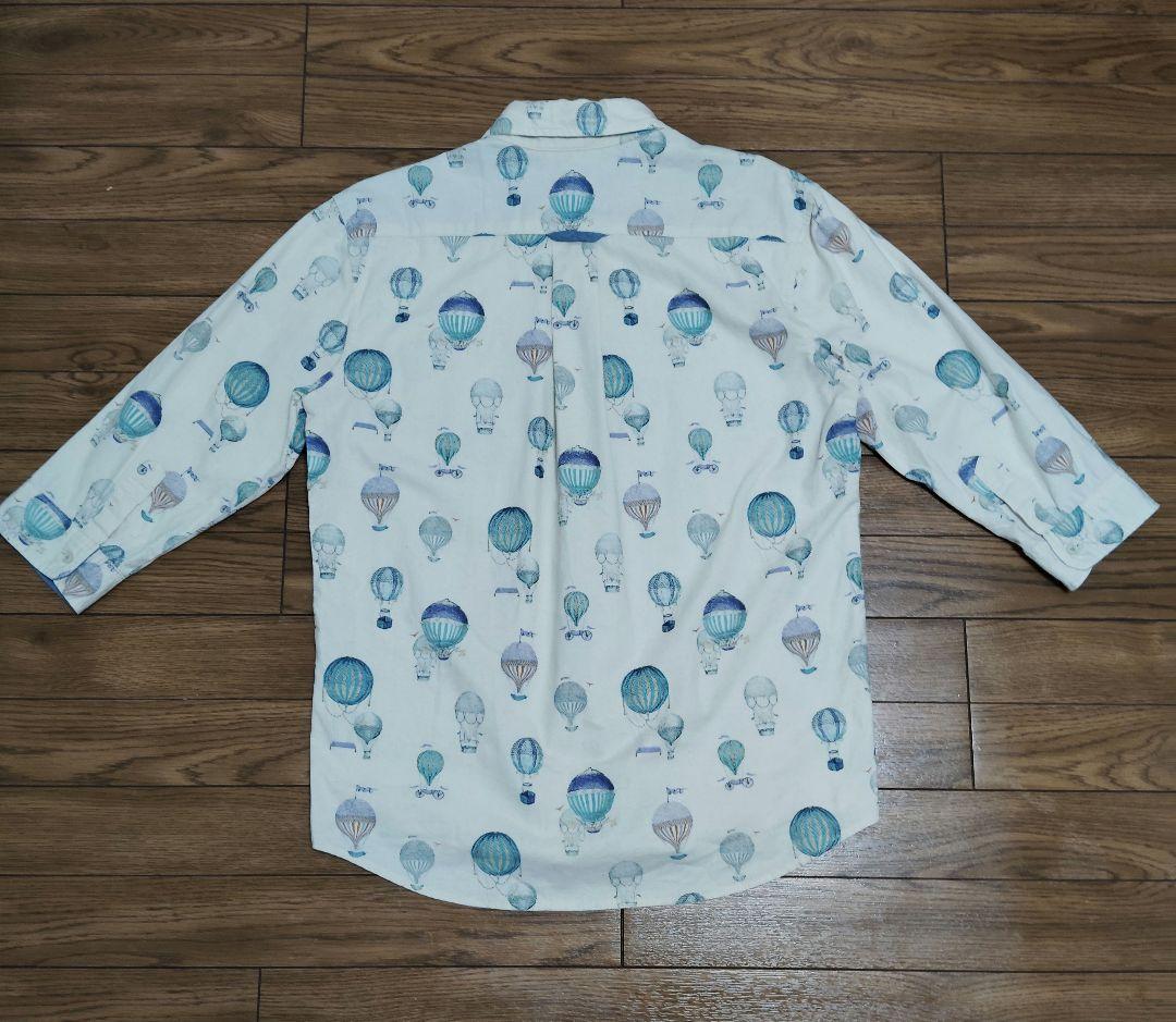 Seven-Sleeve Ecru Hot Air Balloon Print Cotton Shirt ①