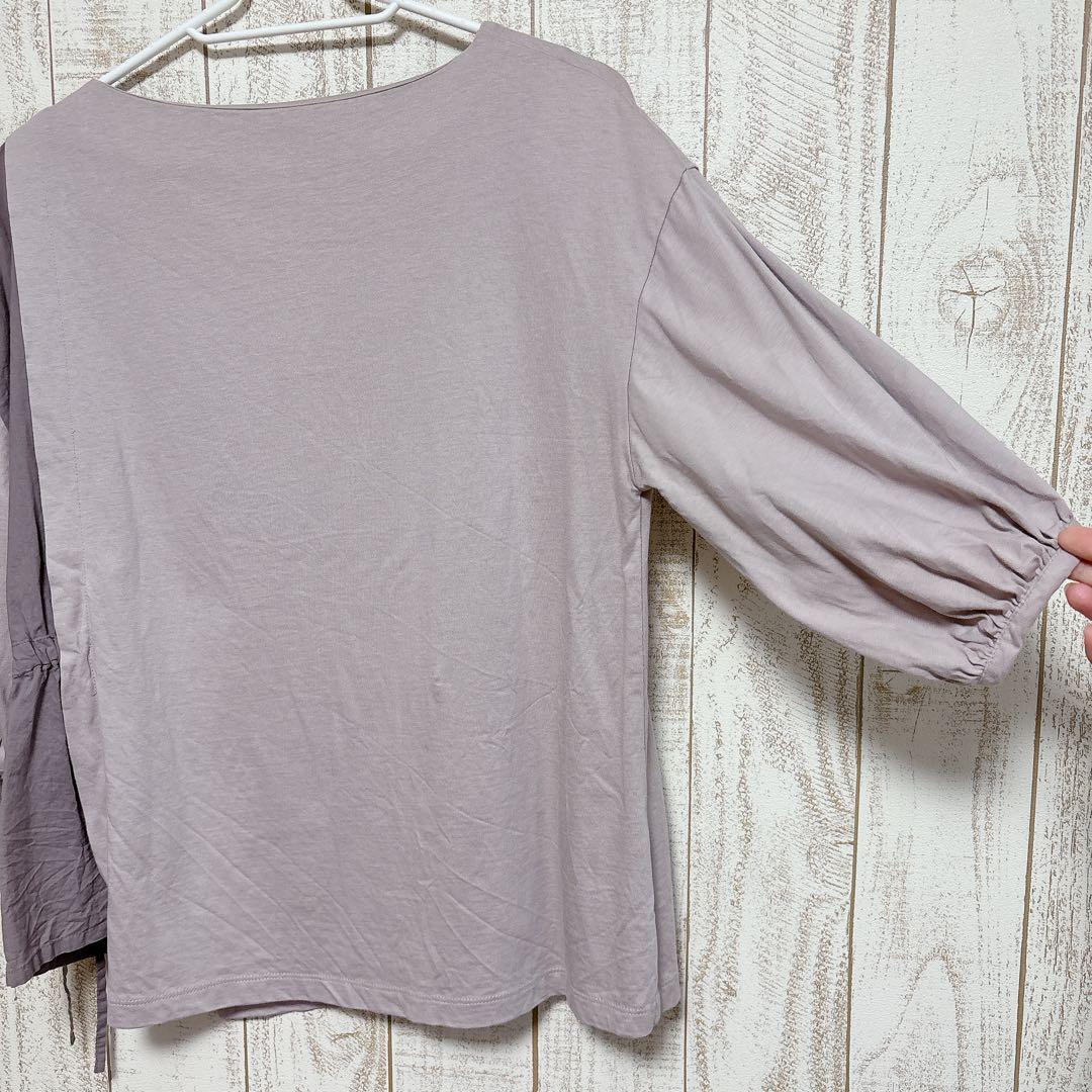 Mixed Material Contrast Drawstring Cut and Sew Top, Greige, Size M, 100% Cotton, 3/4 Sleeve, Designer
