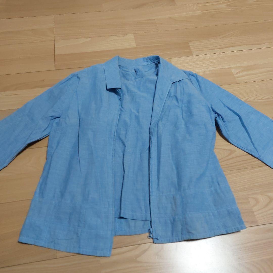 Light Blue Linen-Style Short-Sleeve Lightweight Jacket - Short Sleeve Ensemble Set - M